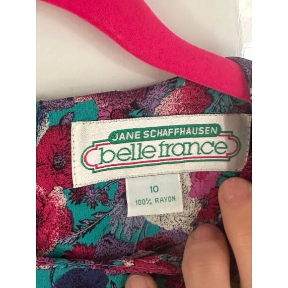 Vintage 1980s Jane Schaffhausen Belle France Prairie Style Teal Floral Dress 10 - Picture 2 of 8